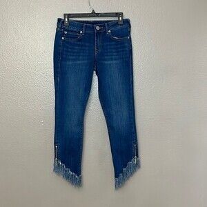 True Religion Halle Mid Rise Super Skinny Frayed Hem and side Hem Zippers 27
